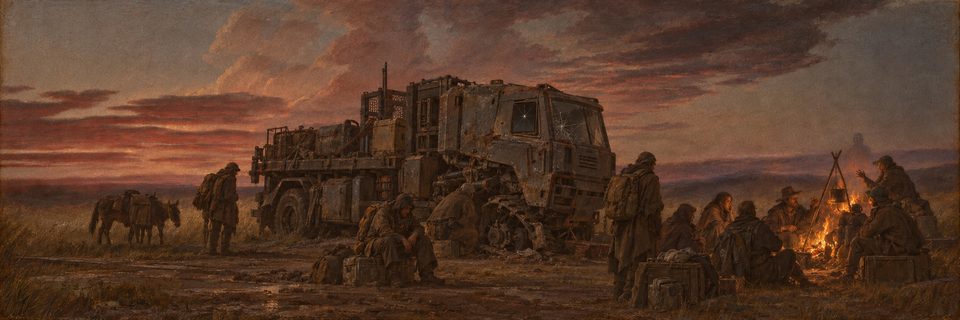 Travelers gather around a campfire beside a damaged futuristic truck, in a painted Appalachian Trail scene