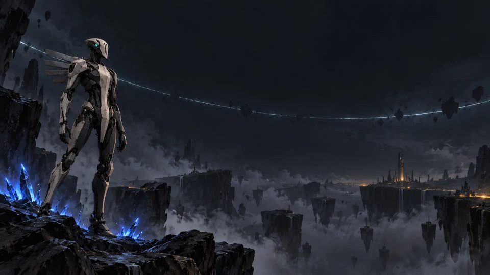 CORE-1 overlooks floating islands and glowing blue crystals in NullBound concept art