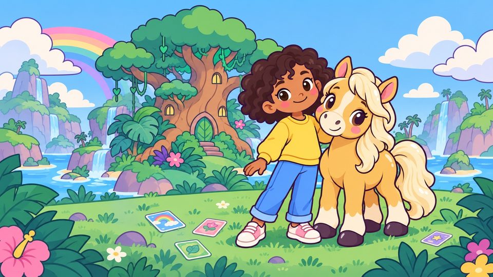 A child and golden pony beside a rainbow treehouse island, with collectible cards in the grass